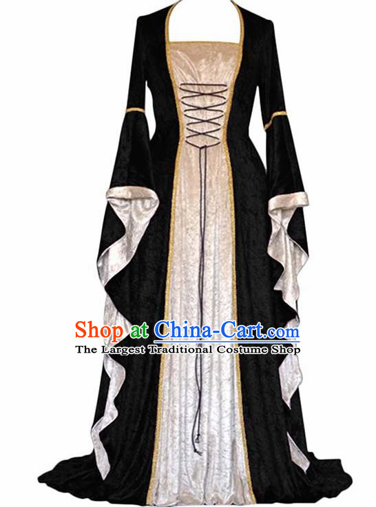 Traditional Europe Middle Ages Countess Black Velvet Dress Halloween Cosplay Stage Performance Costume for Women