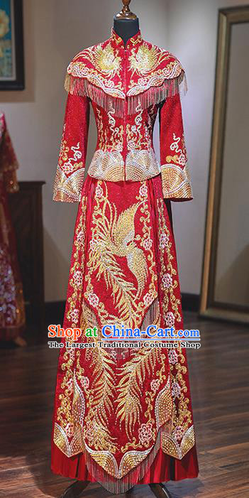 Chinese Traditional Wedding Costumes Ancient Bride Embroidered Red Xiuhe Suit Dress for Women