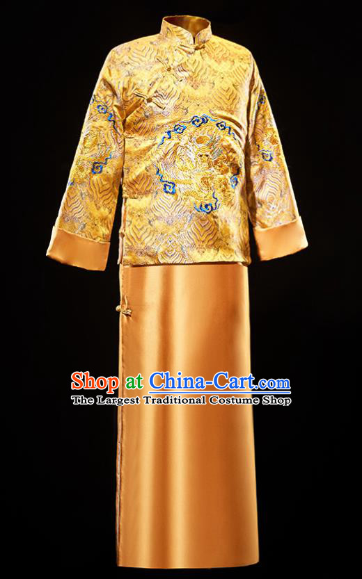 Chinese Traditional Bridegroom Wedding Costumes Tang Suit Embroidered Golden Mandarin Jacket and Long Gown for Men