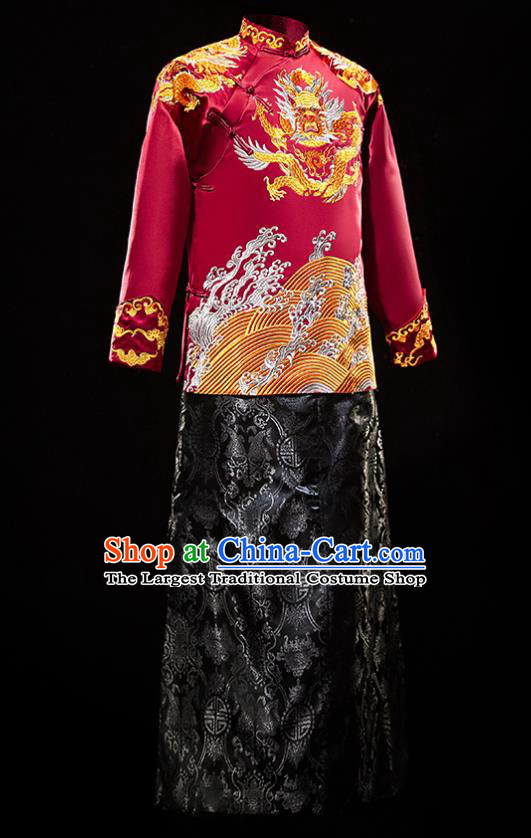 Chinese Traditional Bridegroom Wedding Xiuhe Costumes Tang Suit Embroidered Red Mandarin Jacket and Black Long Gown for Men