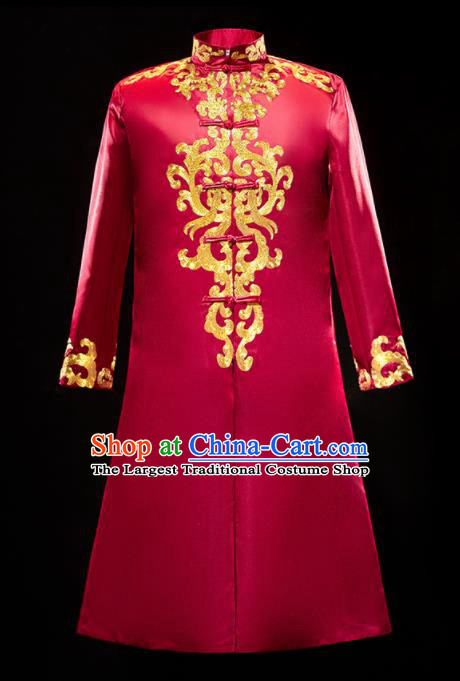 Chinese Traditional Bridegroom Wedding Xiuhe Costumes Tang Suit Embroidered Red Long Mandarin for Men
