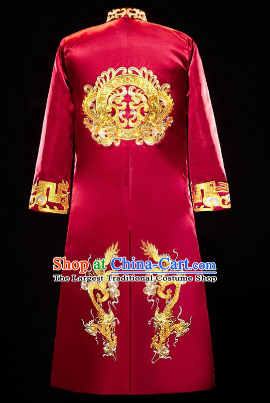 Chinese Traditional Bridegroom Wedding Xiuhe Costumes Tang Suit Embroidered Dragons Red Long Mandarin for Men