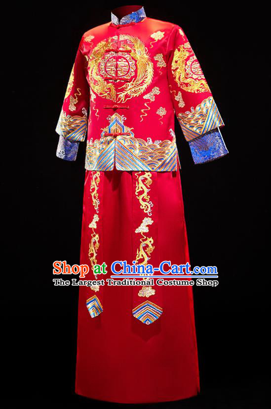 Chinese Traditional Bridegroom Wedding Costumes Tang Suit Xiuhe Suits Red Mandarin Jacket and Long Gown for Men