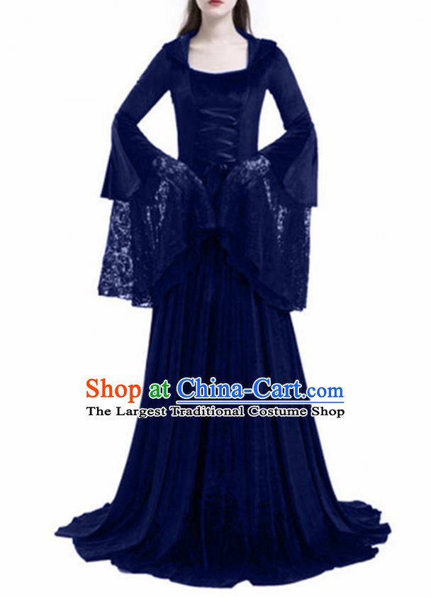 Traditional Europe Renaissance Royalblue Lace Dress Stage Performance Halloween Cosplay Princess Costume for Women