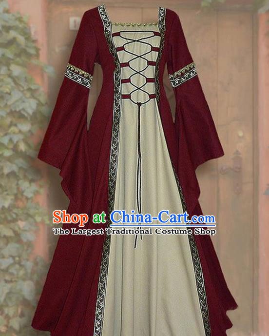 Traditional Europe Renaissance Wine Red Dress Halloween Cosplay Stage Performance Costume for Women