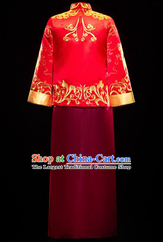 Chinese Traditional Tang Suit Embroidered Red Mandarin Jacket and Wine Red Gown Ancient Bridegroom Wedding Costumes for Men