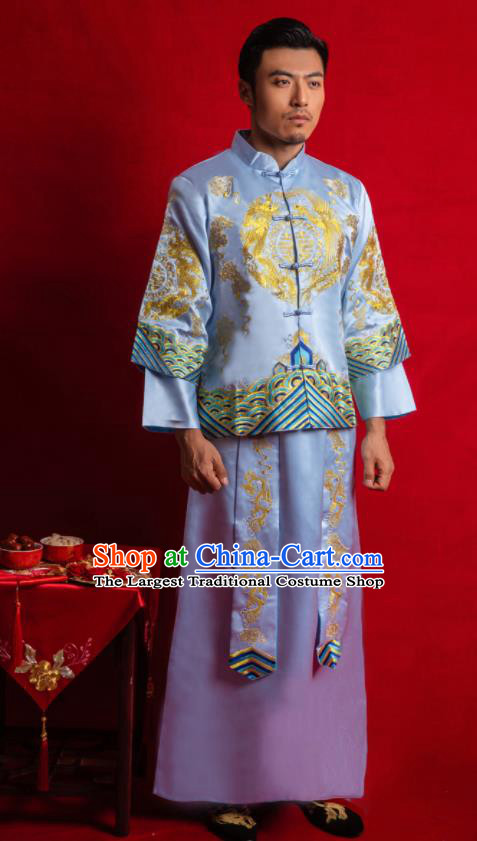 Chinese Traditional Embroidered Wedding Blue Mandarin Jacket and Gown Ancient Bridegroom Tang Suit Costumes for Men