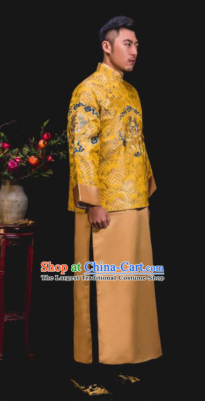 Chinese Traditional Wedding Embroidered Golden Mandarin Jacket and Gown Ancient Bridegroom Tang Suit Costumes for Men