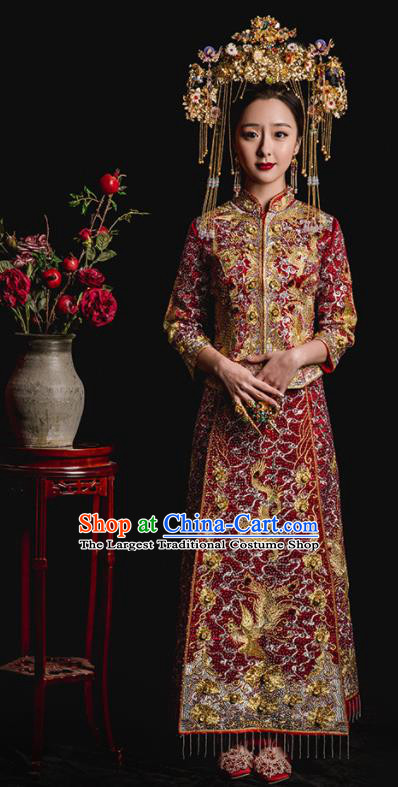 Chinese Traditional Wedding Costumes Embroidered Phoenix Toast Xiuhe Suit Ancient Bride Full Dress for Women