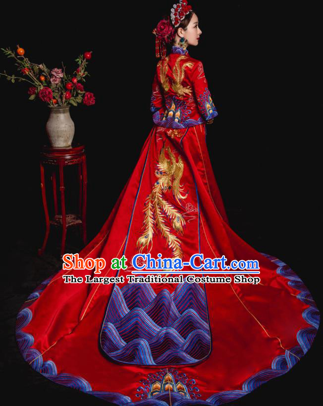 Chinese Traditional Wedding Toast Trailing Costumes Embroidered Red Xiuhe Suit Ancient Bride Full Dress for Women