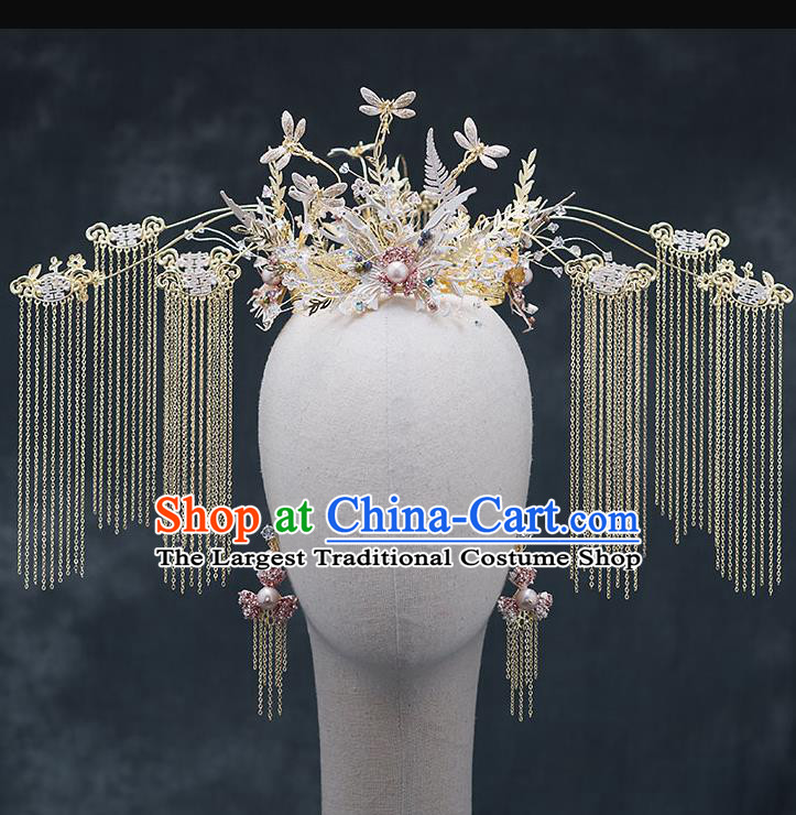 Chinese Traditional Bride Dragonfly Phoenix Coronet Handmade Hairpins Wedding Hair Accessories Complete Set for Women