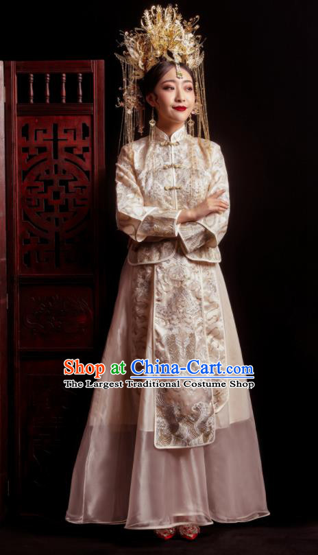 Chinese Traditional Wedding White Costumes Toast Xiuhe Suit Ancient Bride Embroidered Full Dress for Women