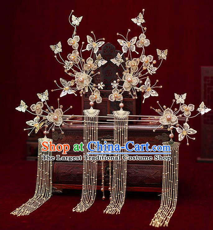 Chinese Traditional Bride Golden Hair Claws Handmade Hairpins Wedding Hair Accessories Complete Set for Women