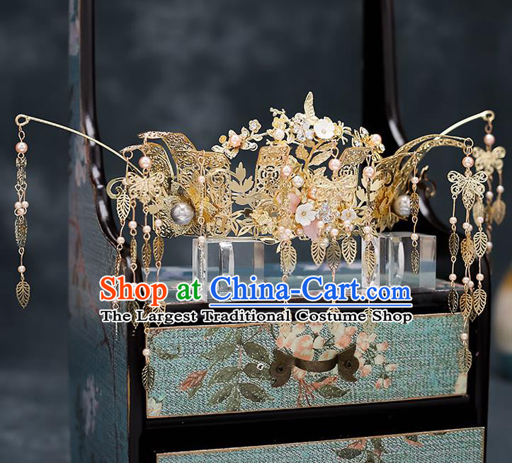 Chinese Traditional Bride Golden Tassel Phoenix Coronet Handmade Hairpins Wedding Hair Accessories Complete Set for Women