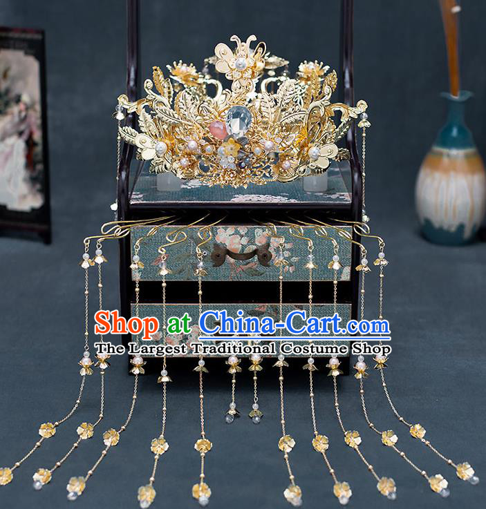 Chinese Traditional Bride Golden Royal Crown Handmade Hairpins Wedding Hair Accessories Complete Set for Women