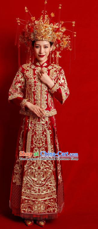 Chinese Traditional Wedding Costumes Embroidered Red Toast Xiuhe Suit Ancient Bride Full Dress for Women