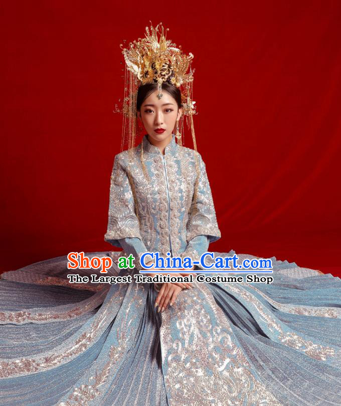 Chinese Traditional Wedding Costumes Embroidered Blue Toast Xiuhe Suit Ancient Bride Full Dress for Women