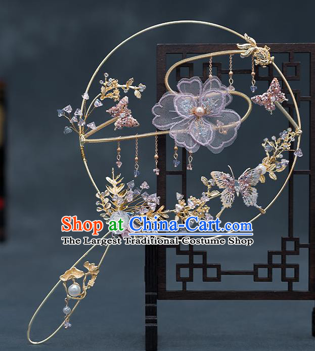 Chinese Traditional Wedding Lilac Flower Palace Fans Ancient Bride Prop Round Fan for Men