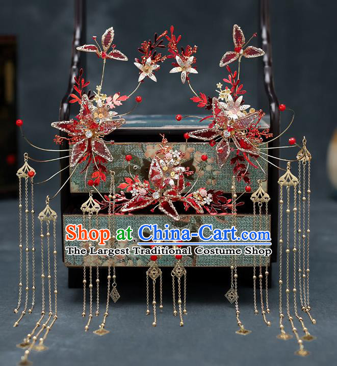Chinese Traditional Red Veil Hair Comb Bride Handmade Hairpins Wedding Hair Accessories Complete Set for Women