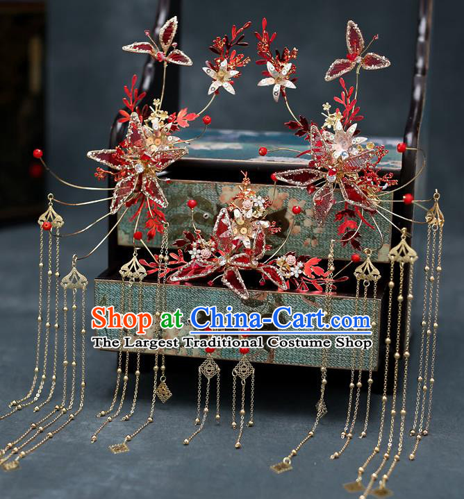 Chinese Traditional Red Veil Hair Comb Bride Handmade Hairpins Wedding Hair Accessories Complete Set for Women