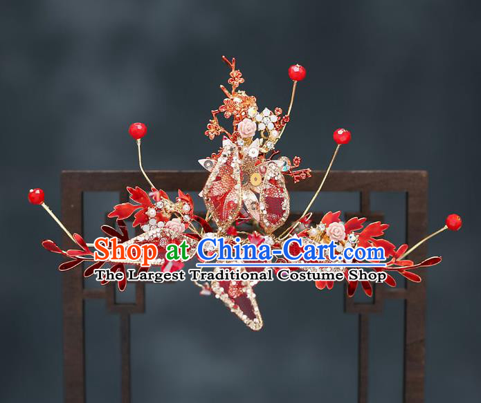 Chinese Traditional Red Veil Hair Comb Bride Handmade Hairpins Wedding Hair Accessories Complete Set for Women