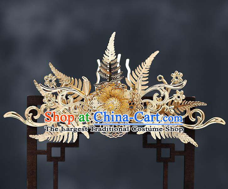 Chinese Traditional Golden Leaf Hair Comb Bride Handmade Hairpins Wedding Hair Accessories Complete Set for Women