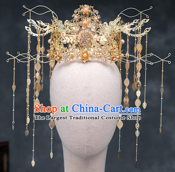 Chinese Traditional Golden Phoenix Coronet Bride Handmade Tassel Hairpins Wedding Hair Accessories Complete Set for Women