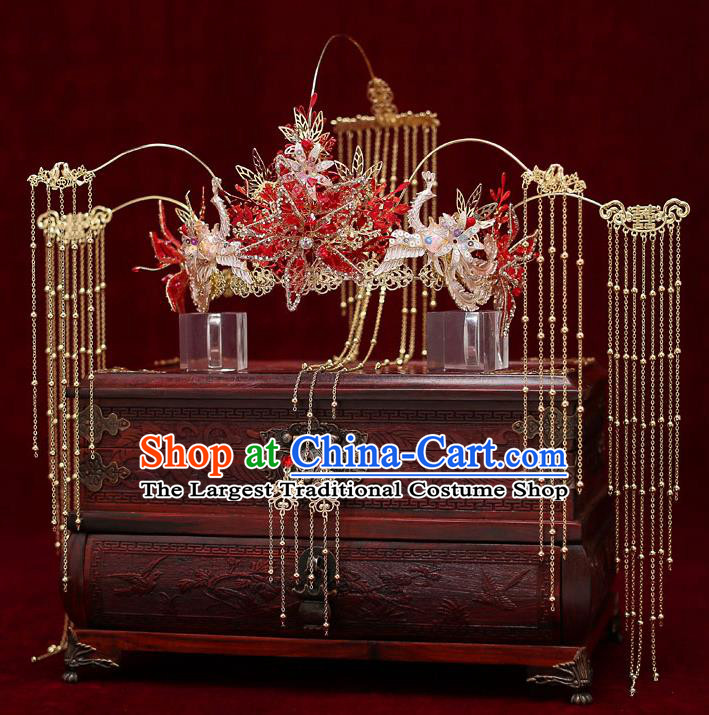 Chinese Traditional Red Star Phoenix Coronet Bride Handmade Tassel Hairpins Wedding Hair Accessories Complete Set for Women