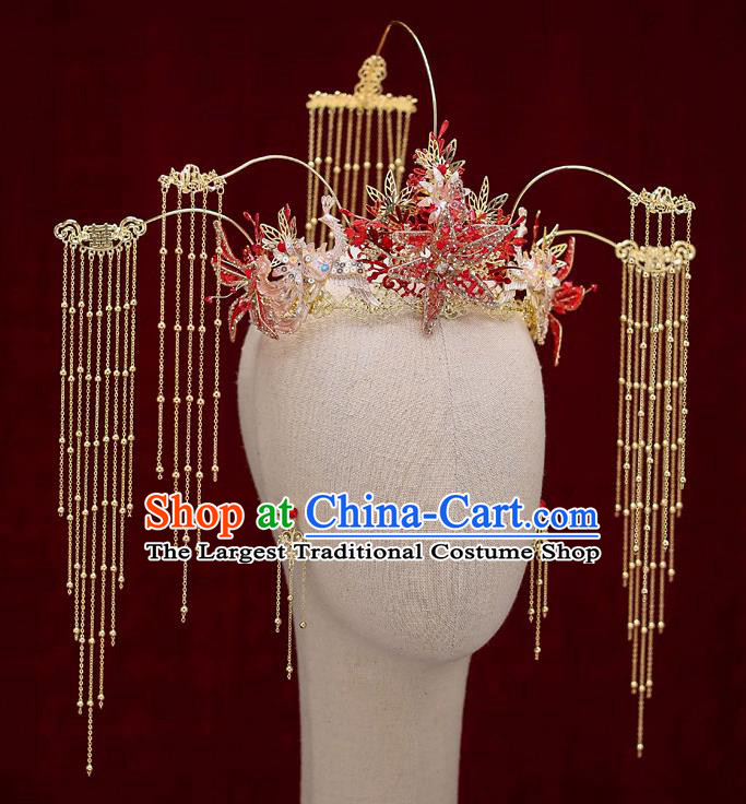 Chinese Traditional Red Star Phoenix Coronet Bride Handmade Tassel Hairpins Wedding Hair Accessories Complete Set for Women