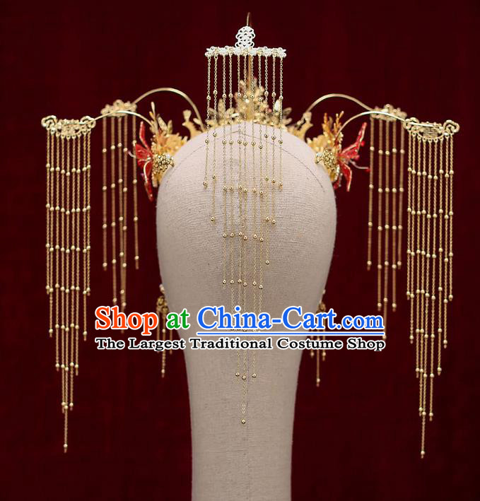 Chinese Traditional Red Star Phoenix Coronet Bride Handmade Tassel Hairpins Wedding Hair Accessories Complete Set for Women