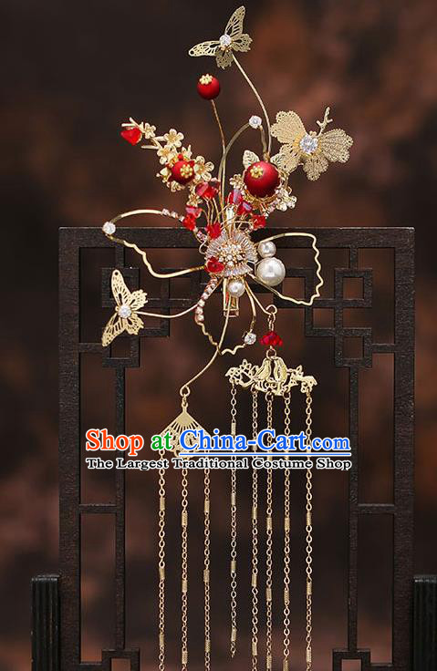 Chinese Traditional Golden Butterfly Hair Clasp Bride Handmade Tassel Hairpins Wedding Hair Accessories Complete Set for Women