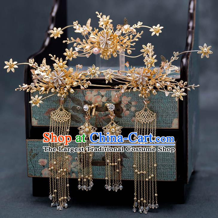 Chinese Traditional Golden Flower Hair Crown Bride Handmade Tassel Hairpins Wedding Hair Accessories Complete Set for Women