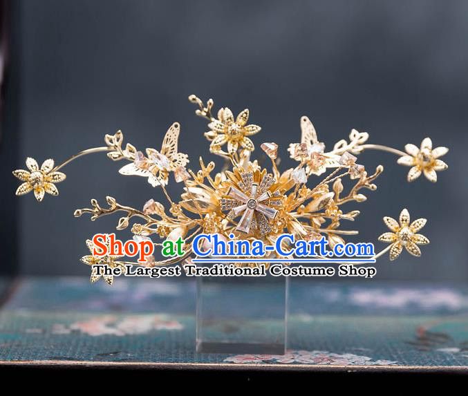 Chinese Traditional Golden Flower Hair Crown Bride Handmade Tassel Hairpins Wedding Hair Accessories Complete Set for Women