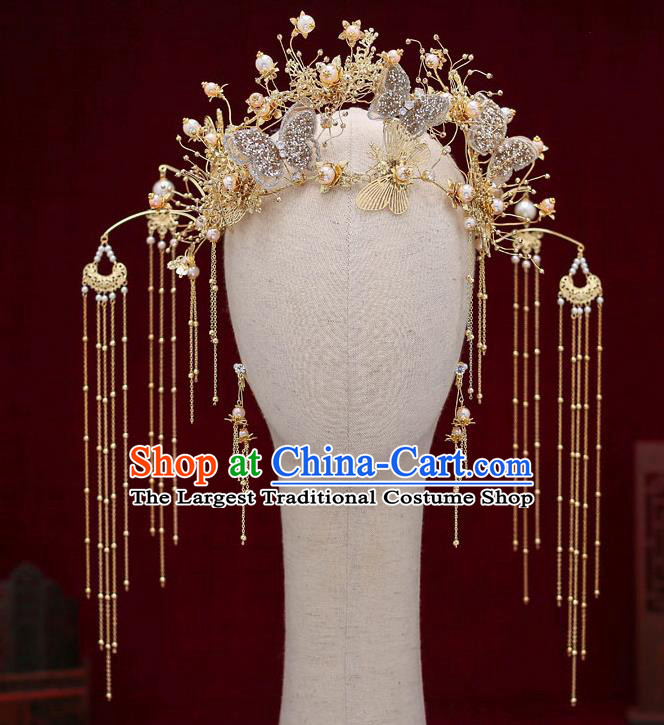Chinese Traditional Wedding Luxury Butterfly Phoenix Coronet Bride Handmade Tassel Hairpins Hair Accessories Complete Set for Women