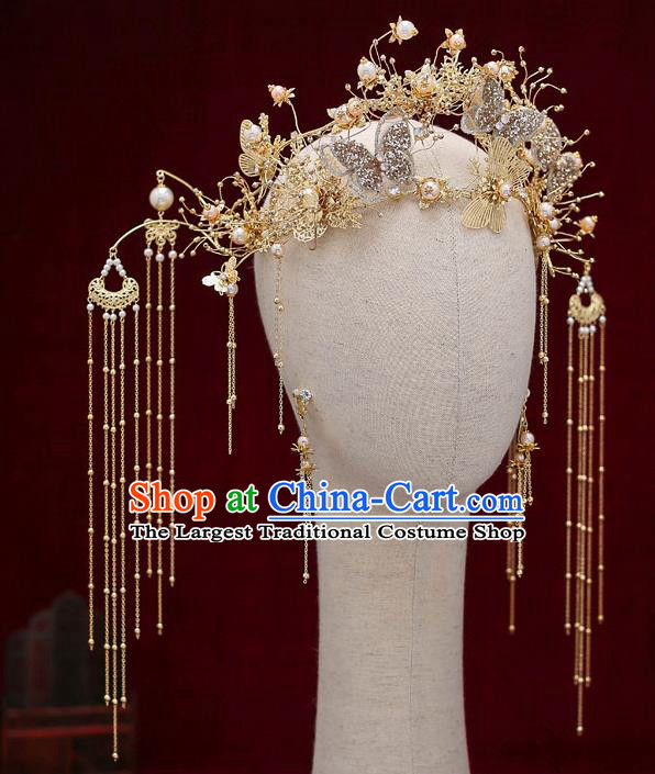 Chinese Traditional Wedding Luxury Butterfly Phoenix Coronet Bride Handmade Tassel Hairpins Hair Accessories Complete Set for Women