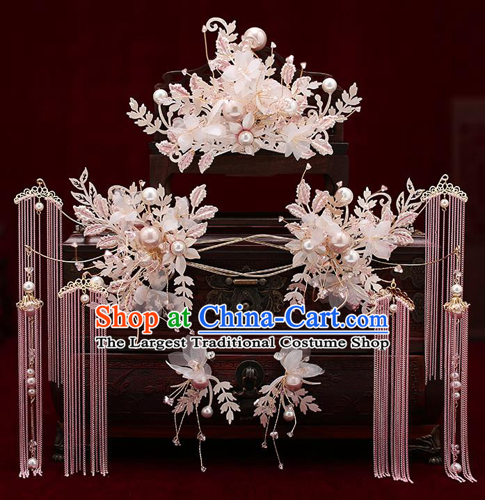Chinese Traditional Wedding Silk Flowers Hair Comb Bride Handmade Tassel Hairpins Hair Accessories Complete Set for Women