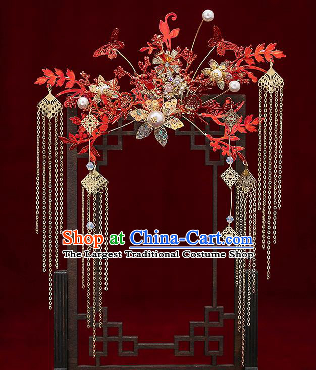 Chinese Traditional Red Leaf Phoenix Coronet Bride Handmade Hairpins Wedding Hair Accessories Complete Set for Women