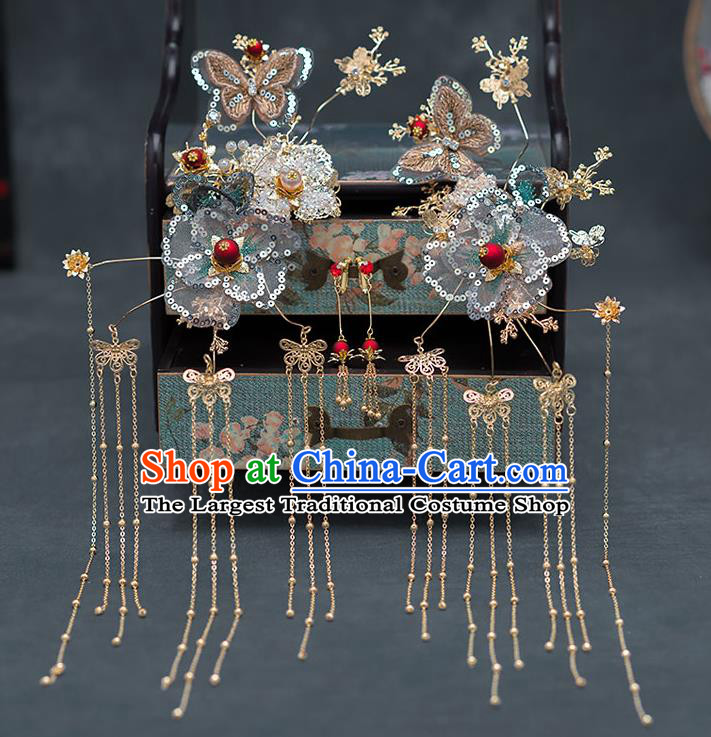 Chinese Traditional Bride Butterfly Tassel Hair Clips Handmade Hairpins Wedding Hair Accessories Complete Set for Women