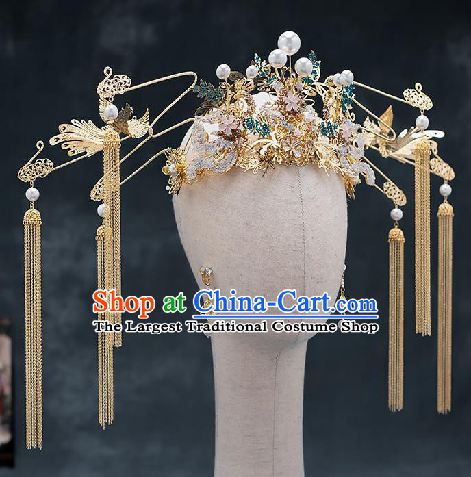 Chinese Traditional Bride Phoenix Coronet Handmade Hairpins Wedding Hair Accessories Complete Set for Women