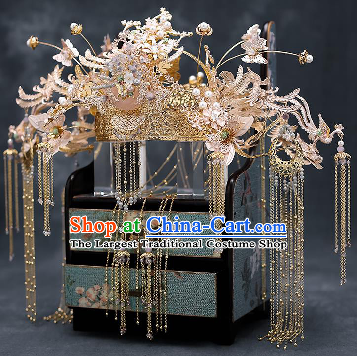 Chinese Traditional Wedding Golden Phoenix Coronet Bride Handmade Tassel Hairpins Hair Accessories Complete Set for Women