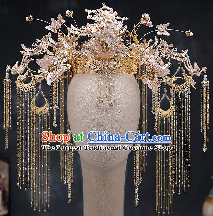 Chinese Traditional Wedding Golden Phoenix Coronet Bride Handmade Tassel Hairpins Hair Accessories Complete Set for Women