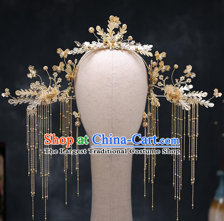 Top Chinese Traditional Wedding Golden Phoenix Hair Clasp Bride Handmade Tassel Hairpins Hair Accessories Complete Set