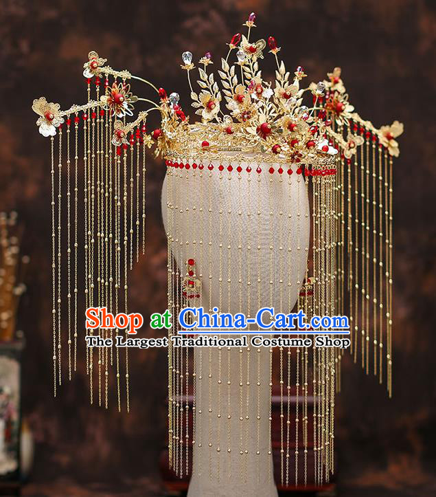 Top Chinese Traditional Wedding Golden Phoenix Coronet Bride Handmade Tassel Hairpins Hair Accessories Complete Set