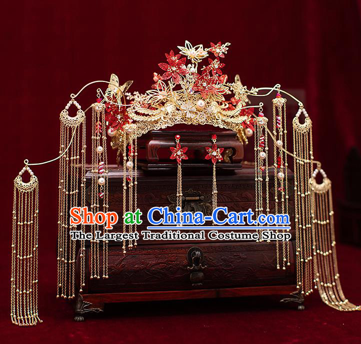 Top Chinese Traditional Wedding Phoenix Coronet Bride Handmade Tassel Hairpins Hair Accessories Complete Set