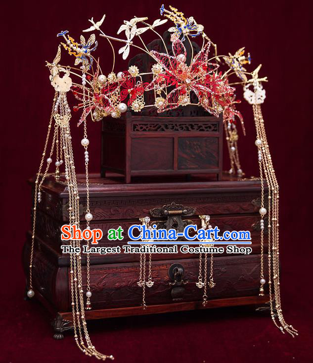 Top Chinese Traditional Wedding Golden Dragonfly Hair Crown Bride Handmade Tassel Hairpins Hair Accessories Complete Set