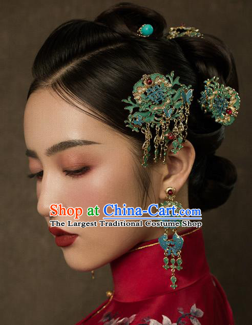 Top Chinese Traditional Wedding Blue Hair Combs Bride Handmade Tassel Hairpins Hair Accessories Complete Set