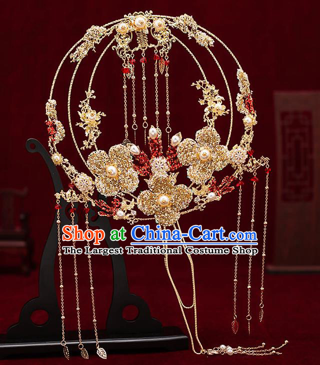 Chinese Traditional Wedding Golden Crystal Flower Palace Fans Ancient Bride Prop Round Fan for Men