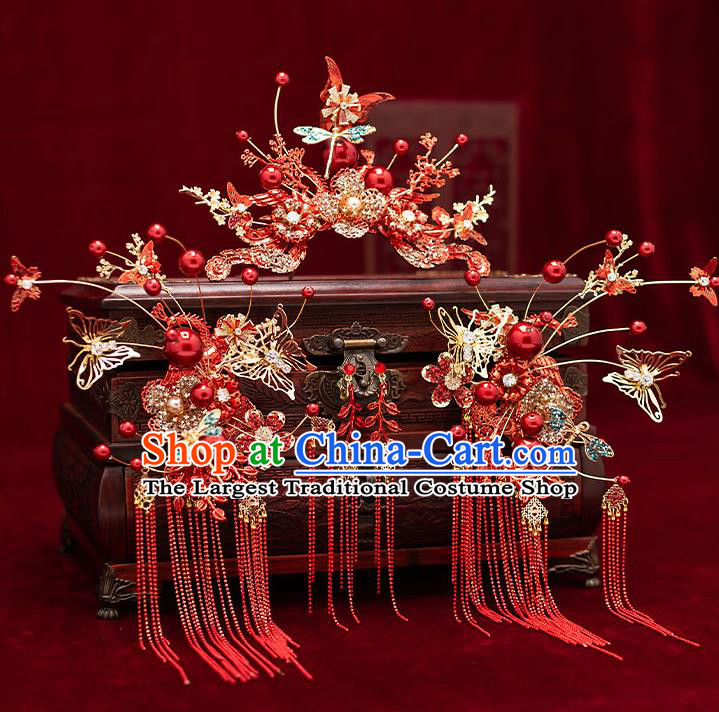 Top Chinese Traditional Wedding Red Butterfly Flowers Hair Comb Bride Handmade Tassel Hairpins Hair Accessories Complete Set