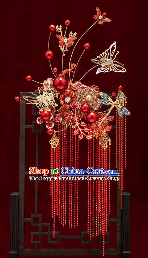Top Chinese Traditional Wedding Red Butterfly Flowers Hair Comb Bride Handmade Tassel Hairpins Hair Accessories Complete Set