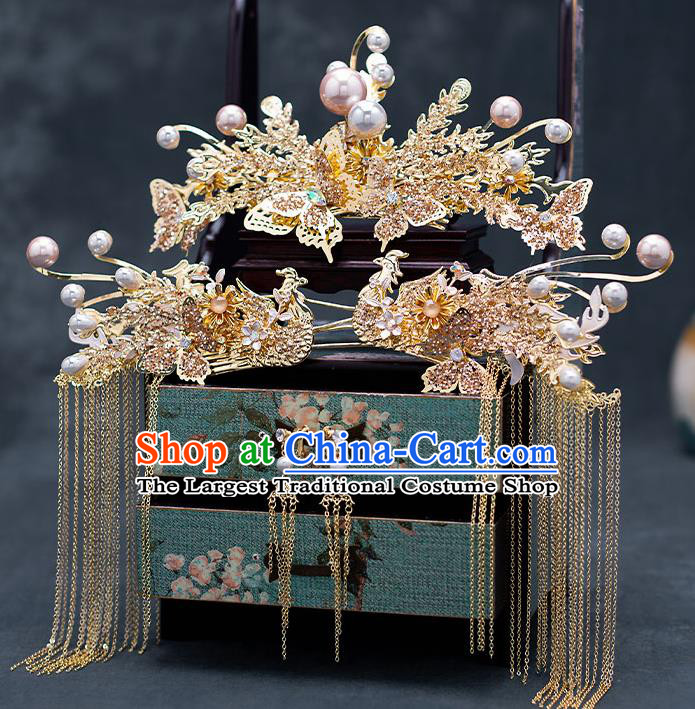 Top Chinese Traditional Wedding Golden Phoenix Hair Comb Bride Handmade Tassel Hairpins Hair Accessories Complete Set